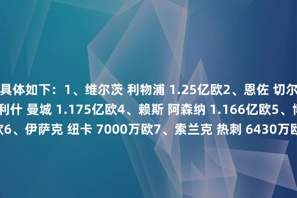 具体如下：1、维尔茨 利物浦 1.25亿欧2、恩佐 切尔西 1.21亿欧3、格拉利什 曼城 1.175亿欧4、赖斯 阿森纳 1.166亿欧5、博格巴 曼联 1.05亿欧6、伊萨克 纽卡 7000万欧7、索兰克 热刺 6430万欧8、奥纳纳 维拉 5940万欧9、阿莱 西汉姆 5000万欧10、库尼亚 狼队 5000万欧11、西古德森 埃弗顿 4940万欧12、鲁特尔 布莱顿 4670万欧13、安德
