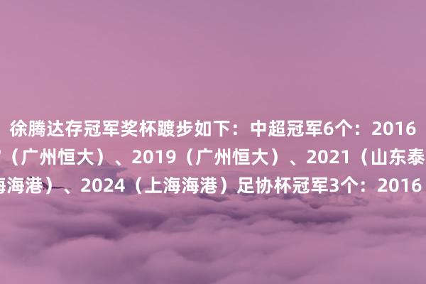 徐腾达存冠军奖杯踱步如下：中超冠军6个：2016（广州恒大）、2017（广州恒大）、2019（广州恒大）、2021（山东泰山）、2023（上海海港）、2024（上海海港）足协杯冠军3个：2016（广州恒大）、2021（山东泰山）、2024（上海海港）超等杯冠军1个：2018（广州恒大）（注：德转页面暂未更新2024年足协杯冠军奖杯）体育赛事直播
