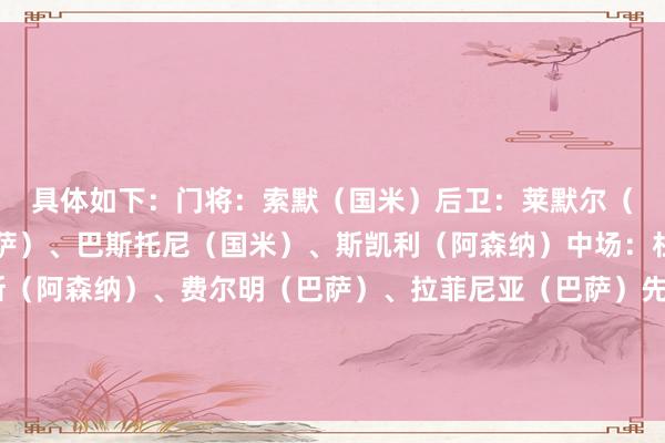 具体如下：门将：索默（国米）后卫：莱默尔（拜仁）、库巴西（巴萨）、巴斯托尼（国米）、斯凯利（阿森纳）中场：杜埃（巴黎）、赖斯（阿森纳）、费尔明（巴萨）、拉菲尼亚（巴萨）先锋：莱万（巴萨）、劳塔罗（国米）																						体育赛事直播
